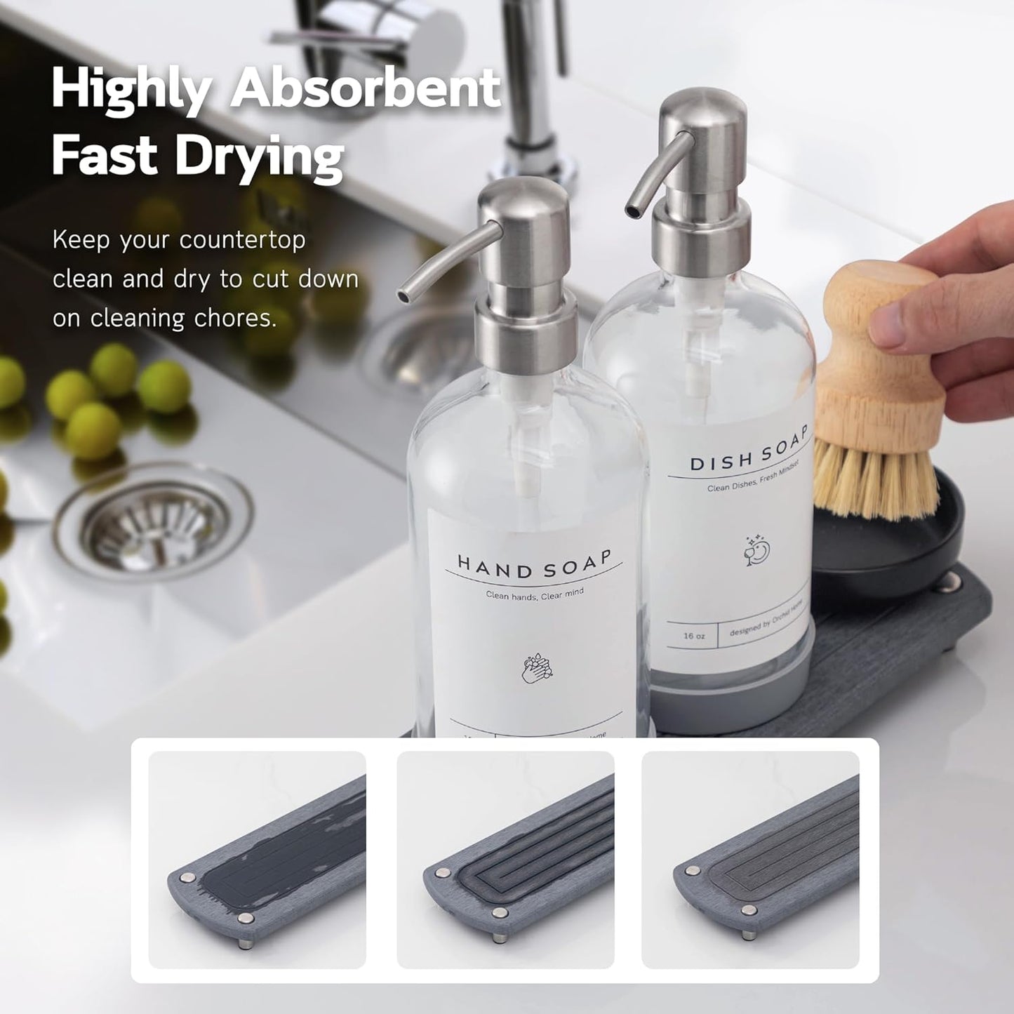 [Luxury] Kitchen Soap Dispenser Set - 16OZ Clear Glass Bottle, Stainless Steel Pump, Instant Dry Tray, Waterproof Labels, Non-Slip Silicone Pad, and Dish Brush | Upgrade for Your Kitchen and Bathroom