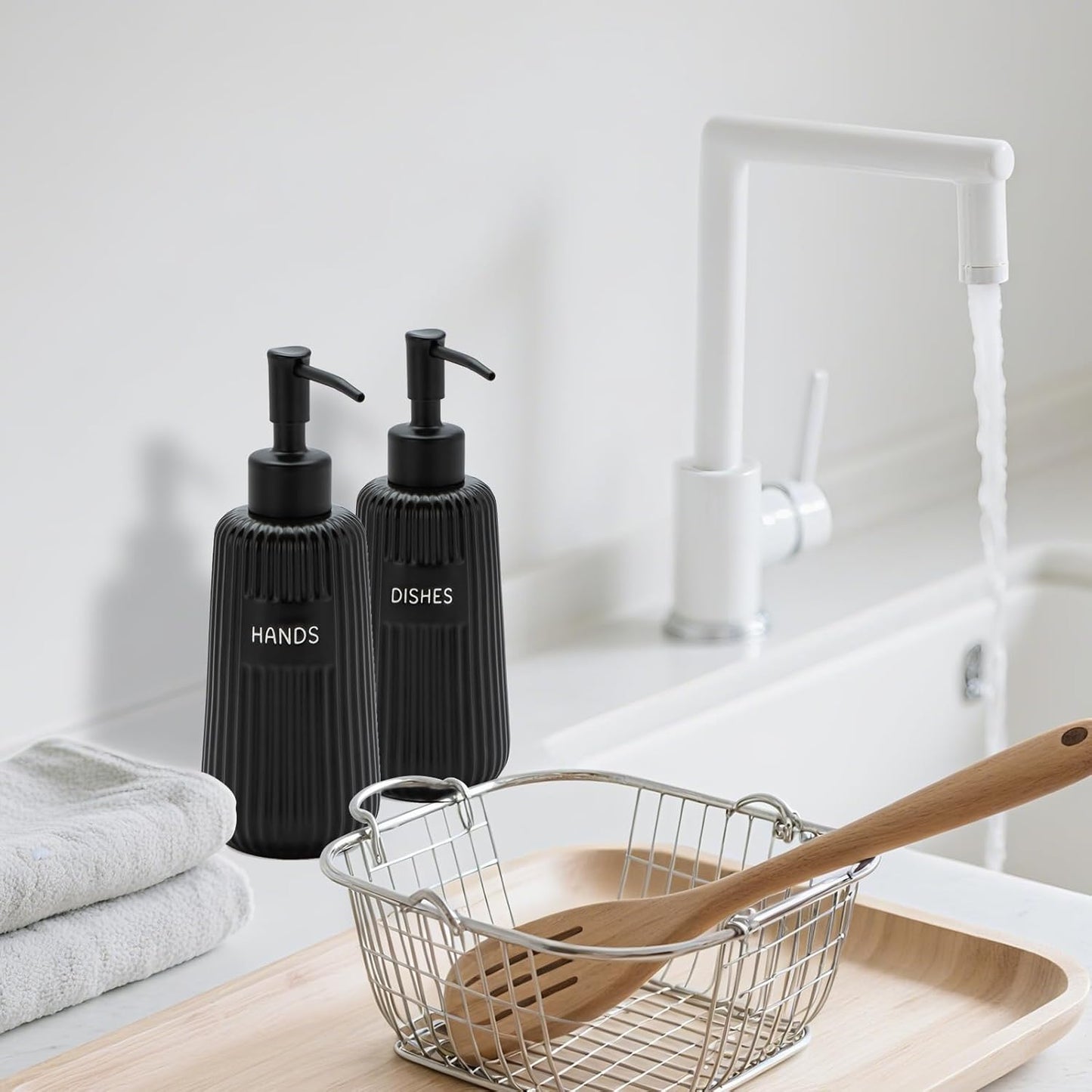 Kitchen Soap Dispenser Set with Stainless Steel Pump and Funnel, Modern Ceramic Refillable Hand and Dish Soap Dispenser Set for Kitchen, Bathroom, Office, Hotel, Matte Black