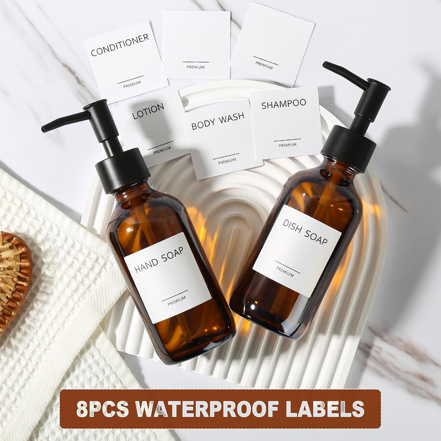 8 fl oz Amber Glass Soap Dispenser 4 Pack, Brown Glass Bottle with Pump, Refillable Round Hand Soap Dispensers Bathroom for Soap, Lotion, Oil, Shampoo