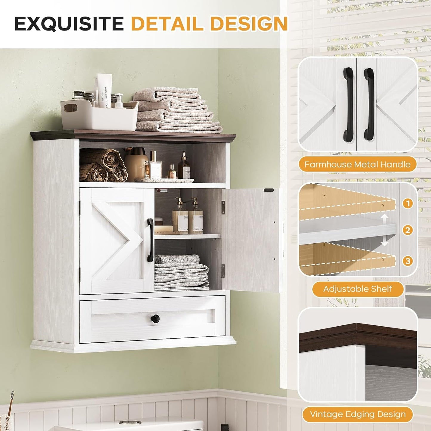 Bathroom Wall Cabinet, Wall Mounted Medicine Cabinet with Drawer, Barn Doors & Adjustable Shelf, 24.4"H x 23.6"W x 9"D White Over Toilet Farmhouse Storage Cabinet for Kitchen, Laundry Room, Entryway