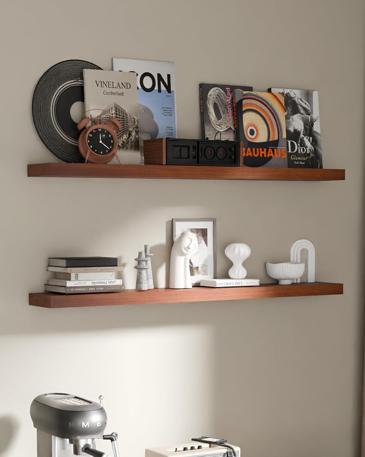 Floating Shelves for Wall, 48 Inch Extra Long Brown Wall Shelves, Set of 2, Hanging Invisible Brackets Floating Shelves for Living Room,Bedroom,and Kitchen