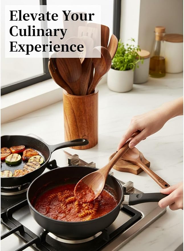100% Natural Teak Wood Wooden Utensil Set – 12 Pcs Cooking Tools with Large Spoon Holder & Rest – Non-Stick, Heat Resistant, Durable, Food-Safe & Eco-Friendly Kitchen Gadgets