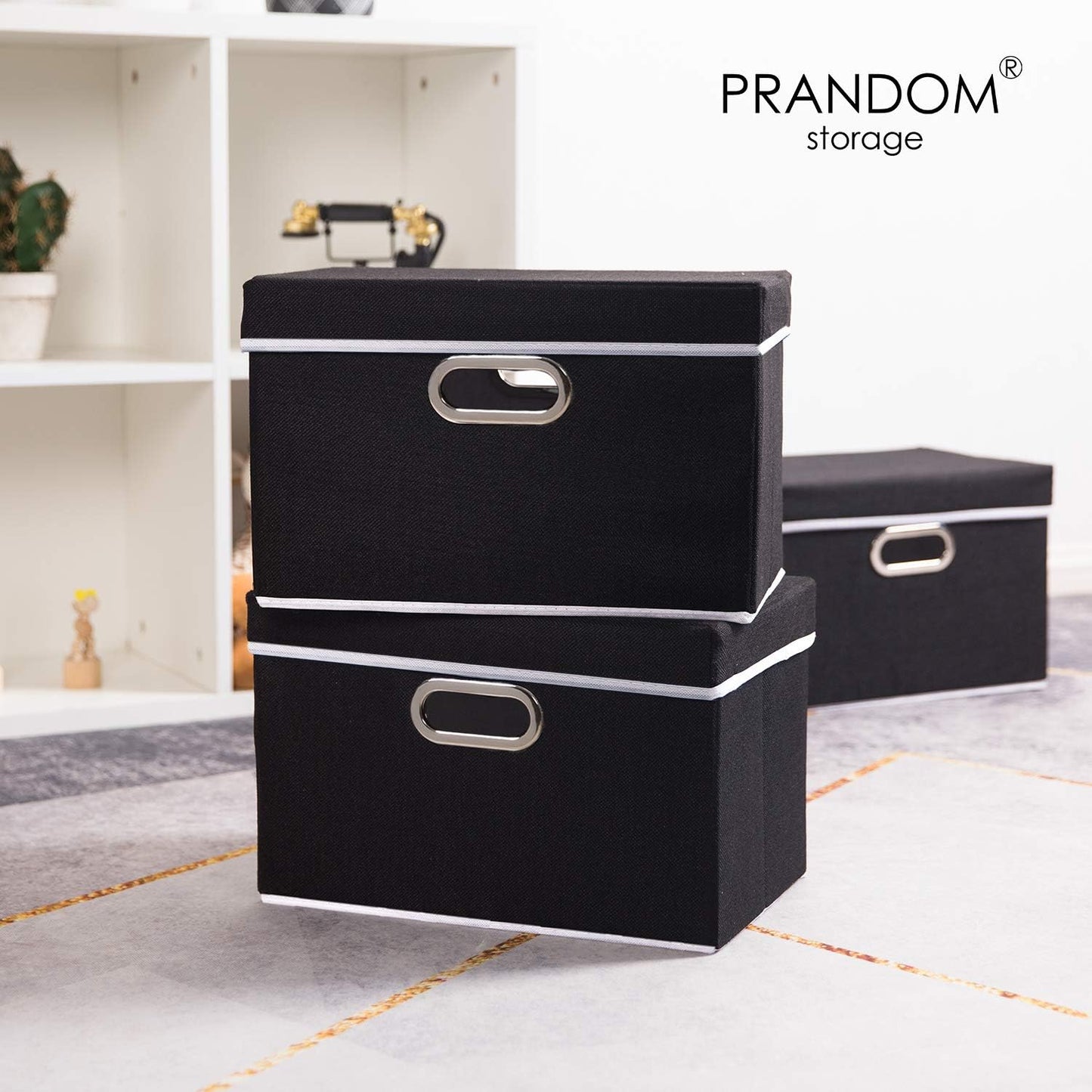 PRANDOM Foldable Storage Box with Lid [3-Pack] Fabric Collapsible Storage Bin Organizer Container Basket Cube with Cover for Home Bedroom Closet Office Nursery Black (14.9x9.8x9.8)