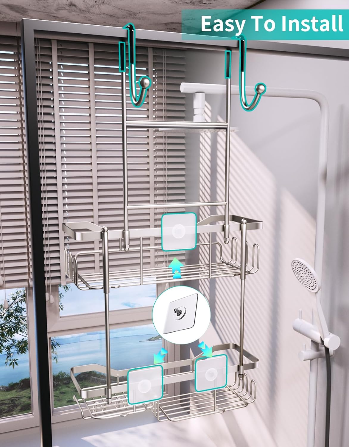 HapiRm Hanging Shower Caddy Over the Door with Soap Holder, No Drilling Adhesive Shower Organizer with 11 Hooks, Rustproof & Waterproof 304 Stainless Steel Bathroom Shelves - Brushed Nickel