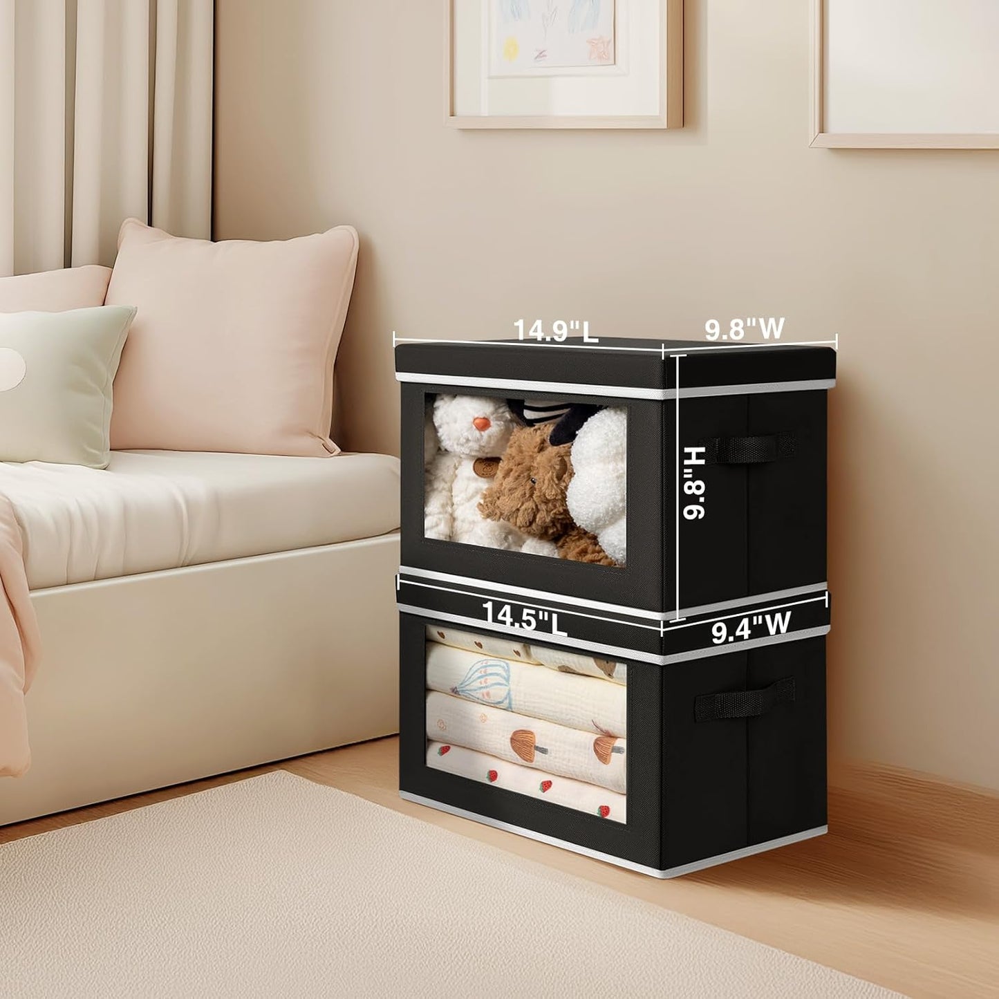 Foldable Storage Box with Lid - Closet Storage Organizer with Window, Storage Bins with Lids for Clothes, Fabric Storage Baskets for Shelves, Bedroom, Dorm, Black, 4 Pack