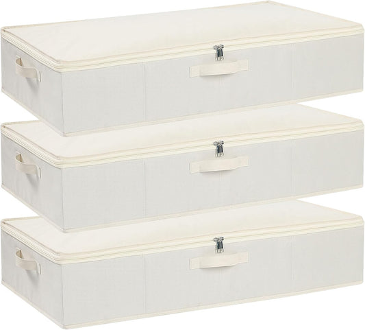 Underbed Storage Box, Clothes Organizer With Sturdy Structure and Reinforced Handles for Blanket, Sheets, Pillows, Towels, Shoes, Beige, 3 Pack, 31.5 x 15.7 x 5.9 Inch
