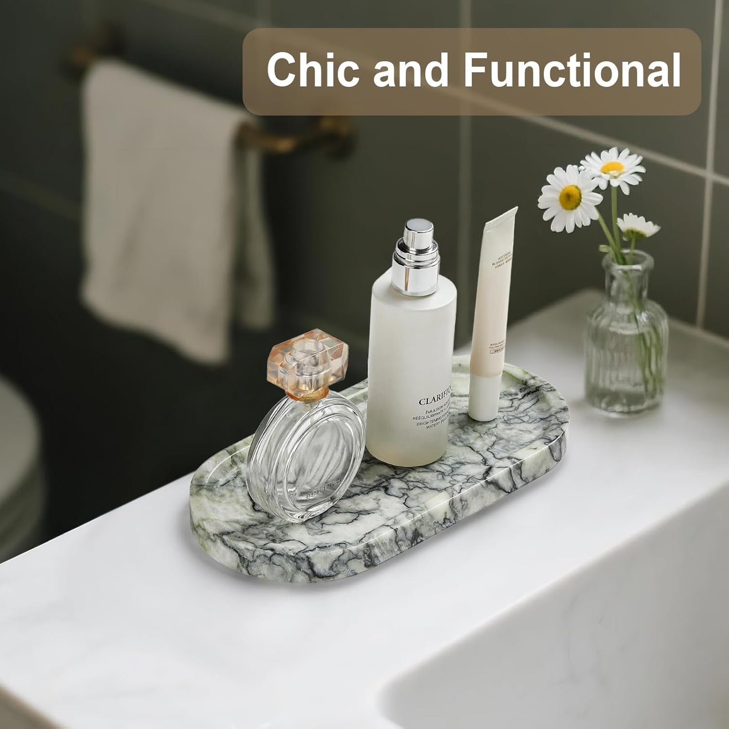 Natural Marble Vanity Tray - Moujings Genuine Marble Perfume Tray for Bathroom Decor, Stone Bathroom Vanity Organizer Tray for Kitchen Counter, Candles, Jewelry, Coffee, Makeup, Key