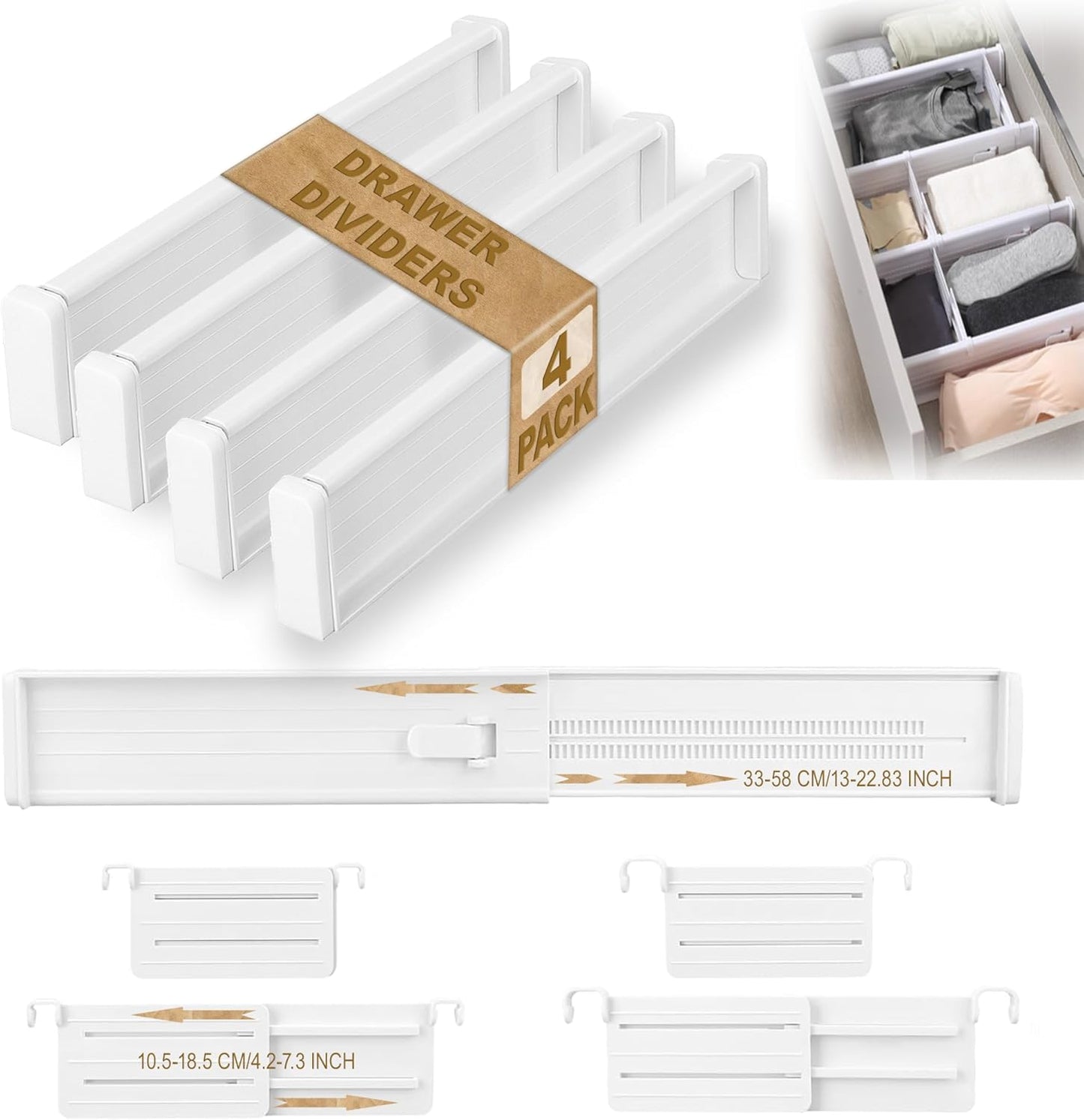 CeeVian Adjustable Drawer Organizers Set 8 Piece ABS Plastic Dividers with EVA Padding Splitter Plastic Drawers Separators for Wardrobes, Kitchen, Office & Bathroom Storage(White)