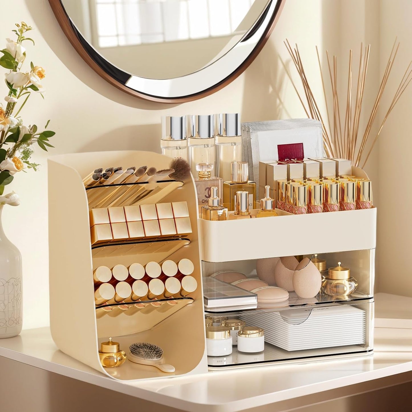 Makeup Organizer with 2 M Drawers & Brush Holders - Cosmetic Storage Case for Vanity, Bathroom Countertop & Desk - Skincare & Office Supplies Organizer (Cream, M)