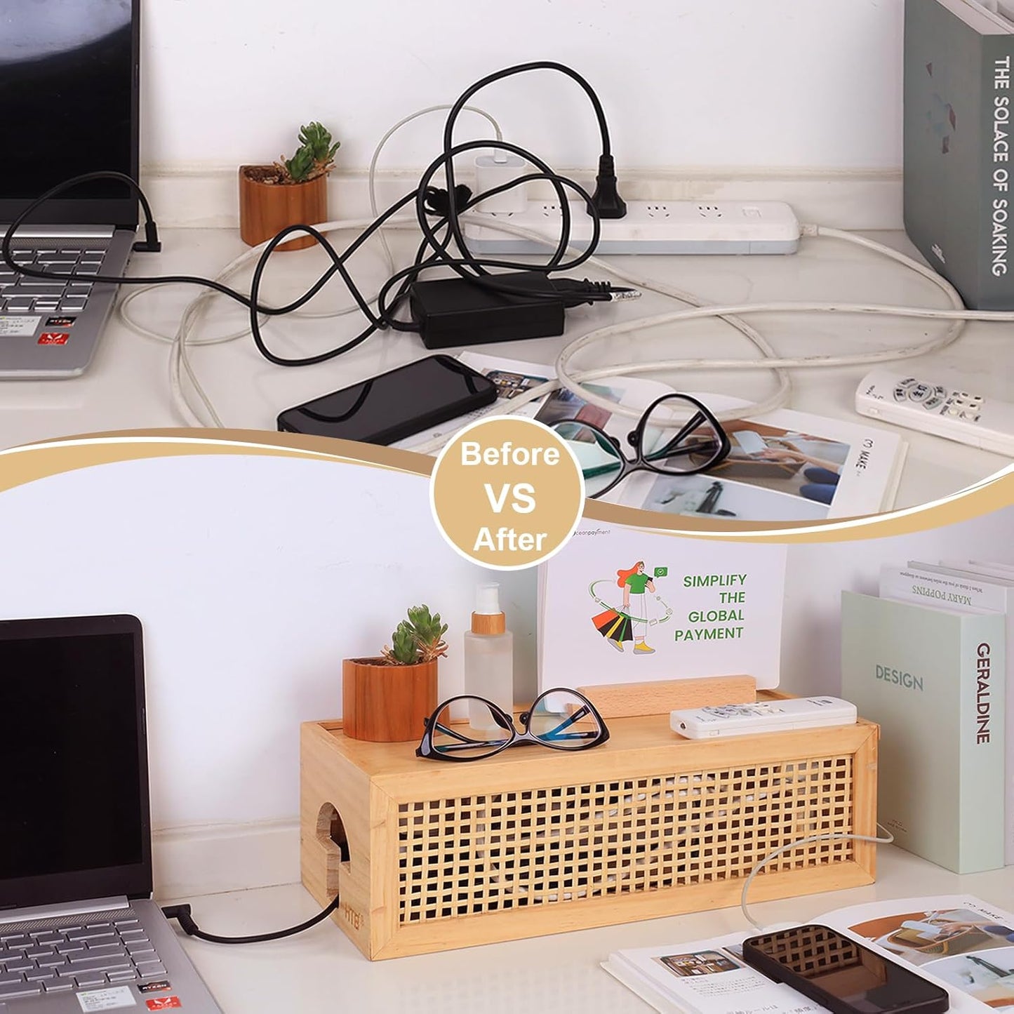 HTB Pinewood Cable Management Box with Bamboo Rattan Mesh - Vintage Cord Organizer for Desk with Valet Tray, Pull-Out Lid Design Safe for Kids and Pets