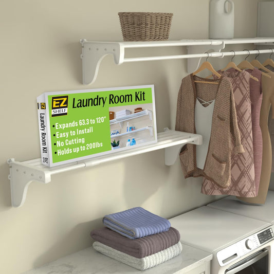 EZ Shelf Expandable Laundry Room Shelves Over Washer and Dryer - 2 Shelves (Expands 63.3 to 120") - 1 With Hanging Rod - White - Laundry Room Organization