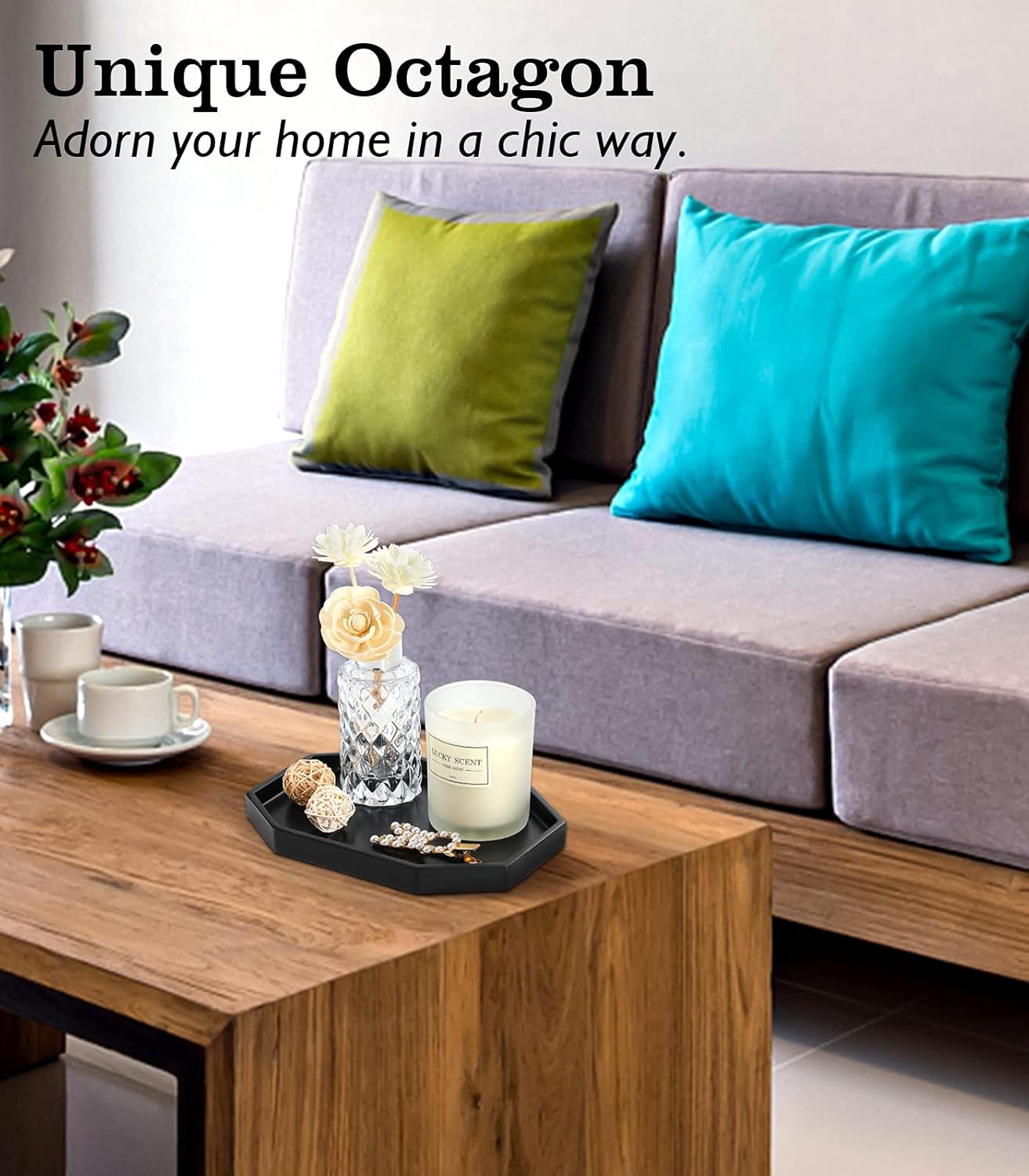 Emibele Vanity Tray - Resin Bathroom Jewelry Ring Dish, Small Octagon Perfume Tray for Dresser Countertop, Candle Decorative Tray, Toilet Tank Kitchen Sink, Marble Home Decor, Matte Black