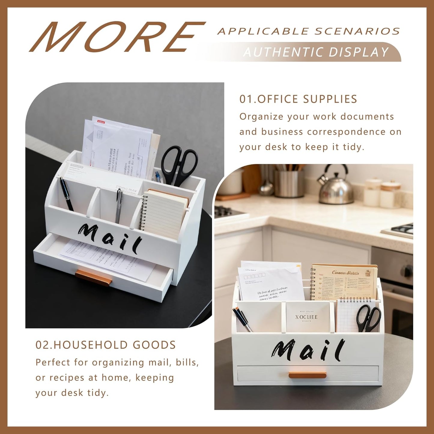 goprety Mail Organizer for Desk - Countertop Bill Holder with File Storage, Wooden Desktop with Drawers - Home & Office Mail Management System