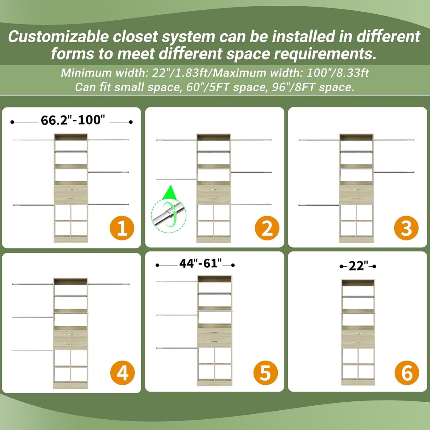 Closet System, 4-8 FT Closet Organizer Tower with 2 Wooden Drawers and Shelves, Can Fit 60 to 96 inch Walk-in Closet System with 5 Hang Rods, Built-in, Greige Oak