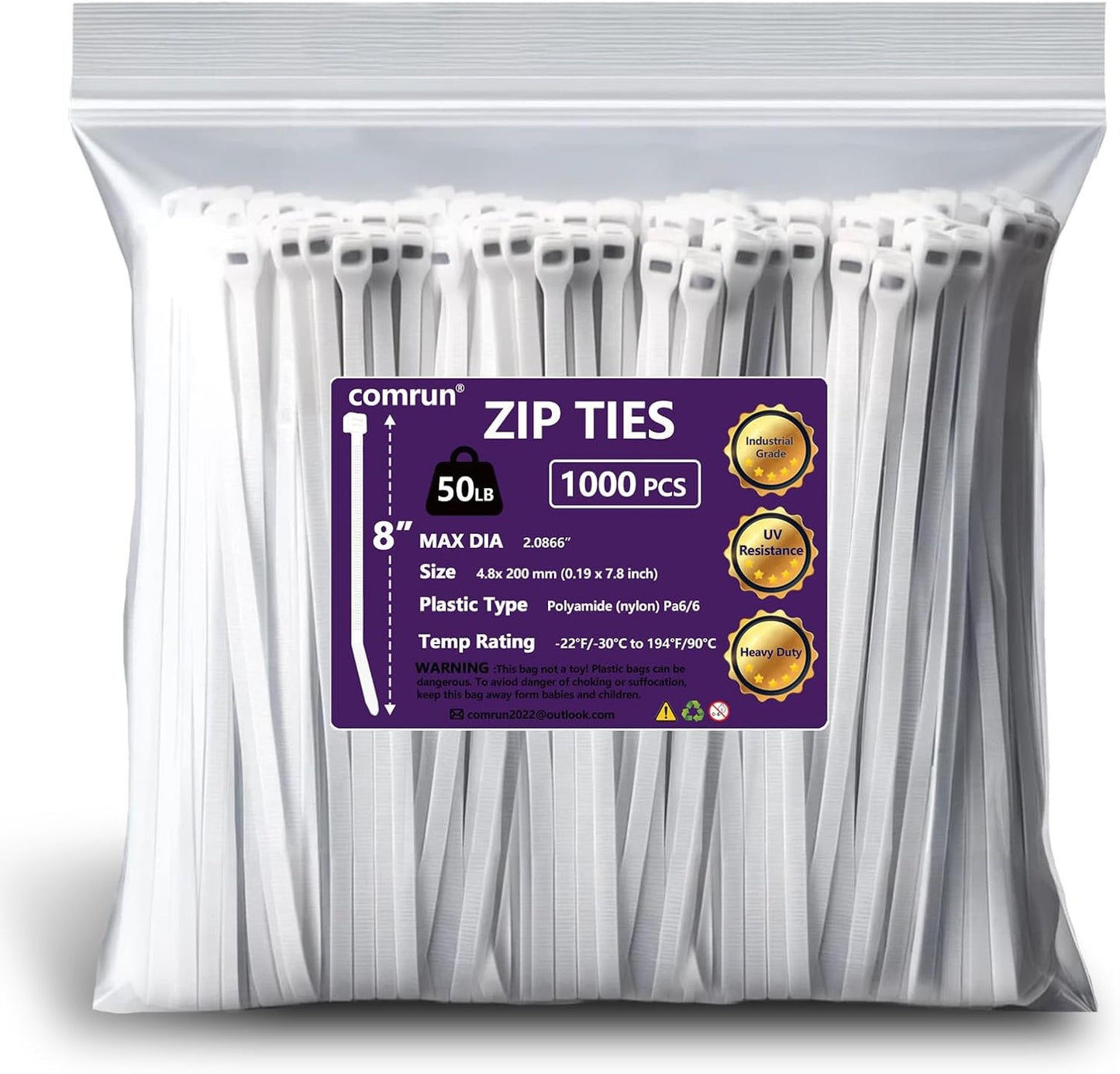 1000pcs 8Inch Nylon Zip Ties, 50 Pounds Tensile Strength, Industrial Grade, White Cable Tie Zip, UV Resistant,Heavy Duty,for Home,Garden Trellis,Office,Garage and Workshop