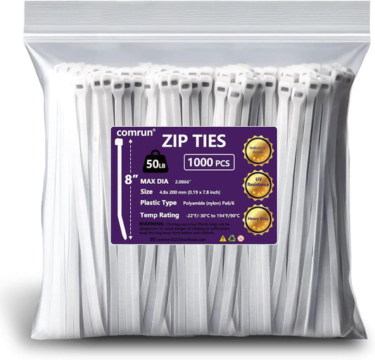 1000pcs 8Inch Nylon Zip Ties, 50 Pounds Tensile Strength, Industrial Grade, White Cable Tie Zip, UV Resistant,Heavy Duty,for Home,Garden Trellis,Office,Garage and Workshop
