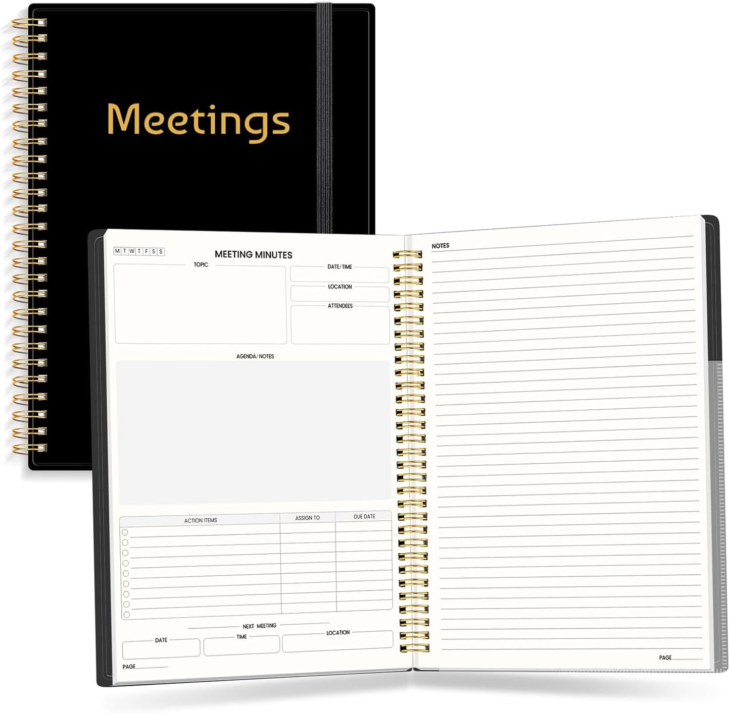 SUNEE Half Meeting Half Note 7"x10" Notebook for Work – 140 Pages, B5 Size Project Planner for Women&Men, Minutes Organizer for Meeting Notes, Ideas for Office/Business, PVC Waterproof Cover, Black