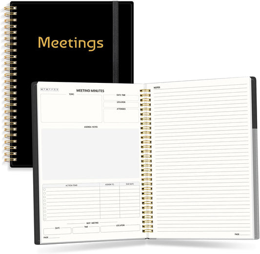 SUNEE Half Meeting Half Note 7"x10" Notebook for Work – 140 Pages, B5 Size Project Planner for Women&Men, Minutes Organizer for Meeting Notes, Ideas for Office/Business, PVC Waterproof Cover, Black