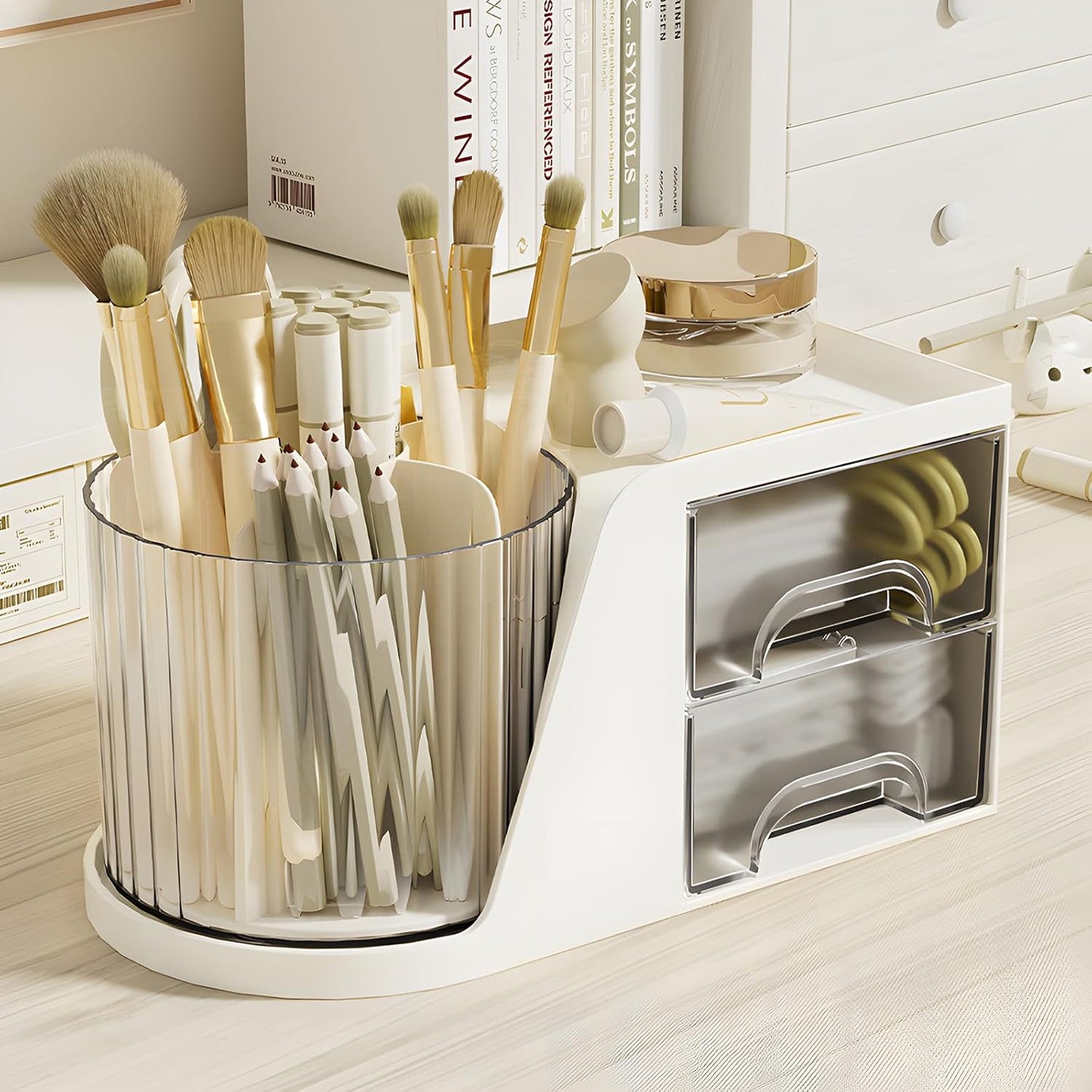 360 Degree Rotating Pencil Pen Holder for Desk , Cute Desk Pen Organizers Desktop Storage Stationery Supplies Cup Pot for Office School Home Art Supply Accessories Caddy Makeup Brush Holder White