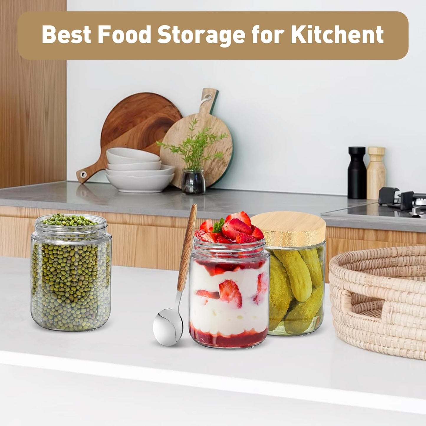 Overnight Oats Containers with Lids,16oz Wide Mouth Glass Mason jars with Bamboo Lid,Oatmeal Containers with Airtight Lid and Spoons,Meal Prep Jars for Yogurt,Chia Pudding,Snacks,Salad,Spice(6Pack)