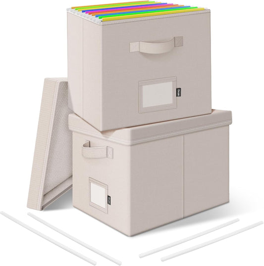 File Organizer Boxes with Lid, Linen Hanging File Storage Boxes with Handle, Collapsible Document Filling Boxes for Letter/Legal Folder, Portable File Box for Office/Decor/Home (2 Pack, Ivory)