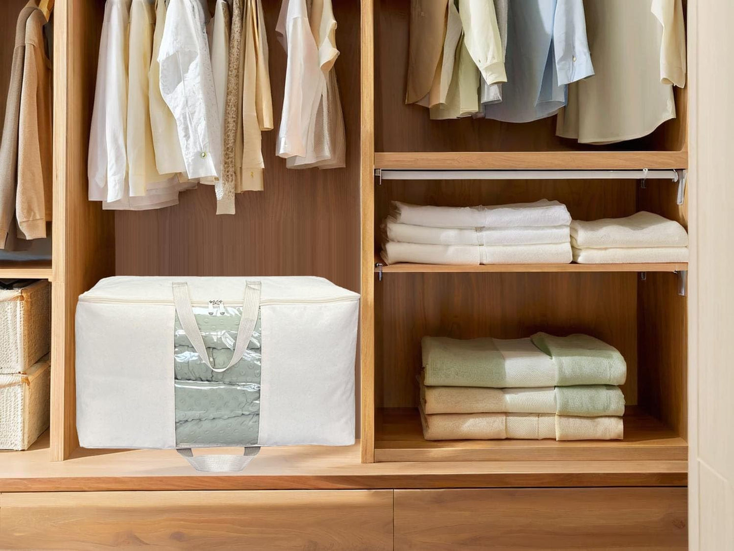 Soft Large Canvas Comforter Storage Bags with Four Carrying Handles and Clear Window, Closet Organizer for Clothing, Blankets Sheets Pillows and Bedding, 80L, 3 Pack, White