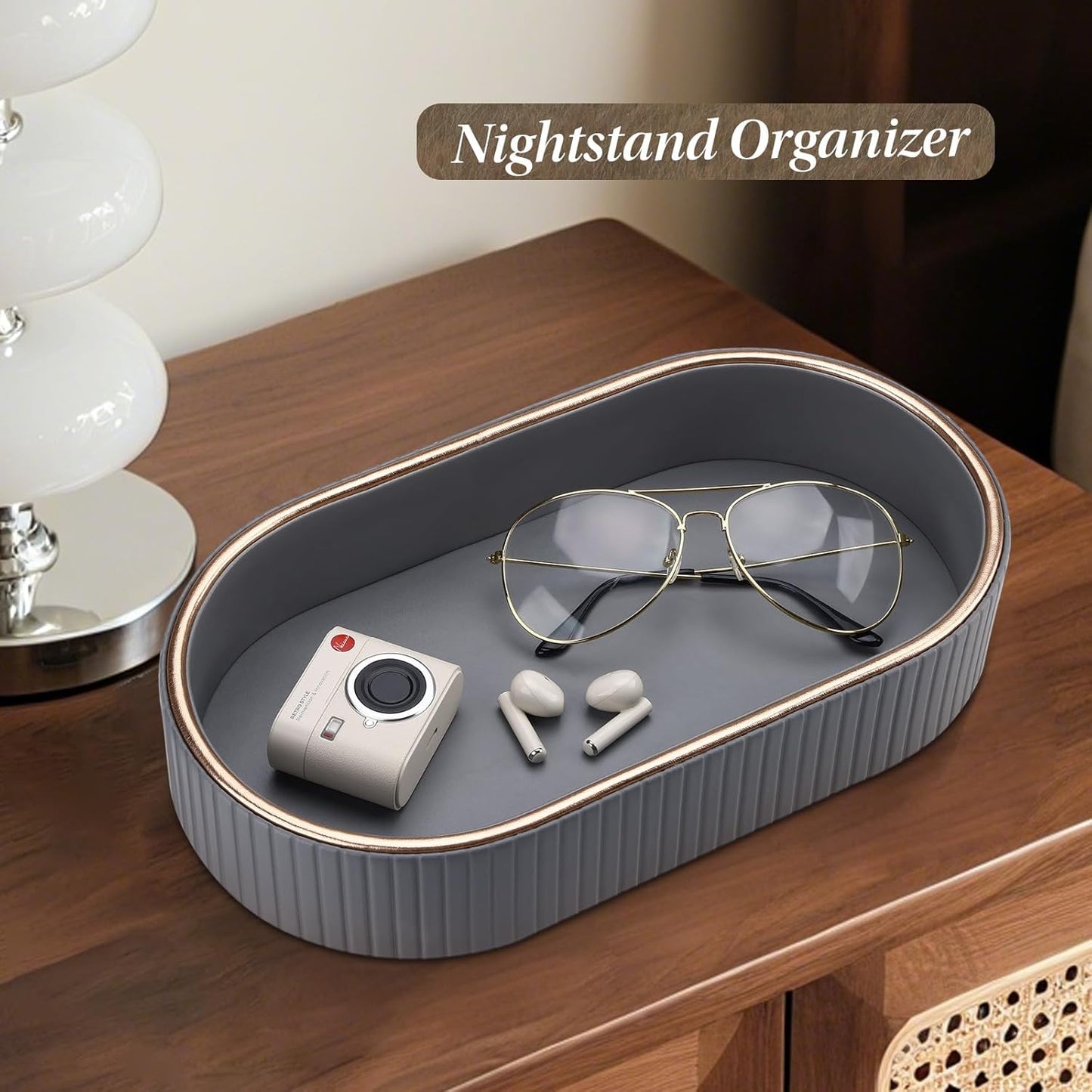 GORESE PU Leather Valet Tray Perfume Organizer, Oval Jewelry Trays Nightstand Organizer Key Bowl Trinket Dish for Dresser Bedside, Vanity Tray for Bathroom, EDC Trays for Men Women, 11×5.9 in, Gray