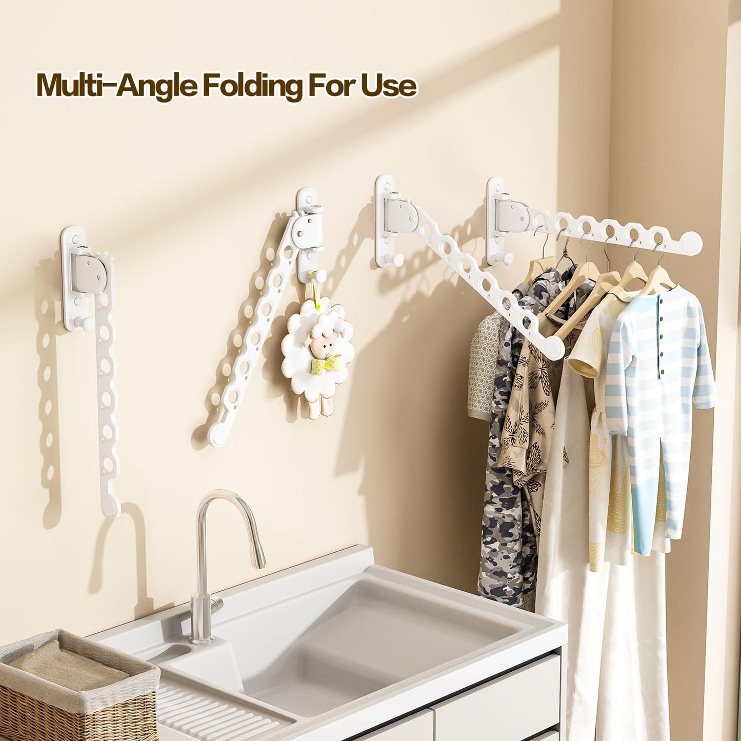 Wall Mounted Clothes Drying Rack, Laundry Clothes Hanger Rack Wall Mounted, Foldable Wall Clothes Rack for Laundry Room, Space Saving Closet Storage Organizer Clothes Hanger Indoor, 2pcs(White)