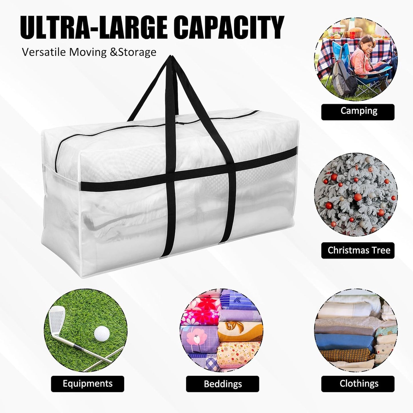 4 Pcs 66 Gallon Large Moving Bags with Zipper and Handles Foldable Storage Duffle Bags Heavy Duty Extra Large Totes for College Dorm Travel Clothes Blankets Bedding Moving (Clear)