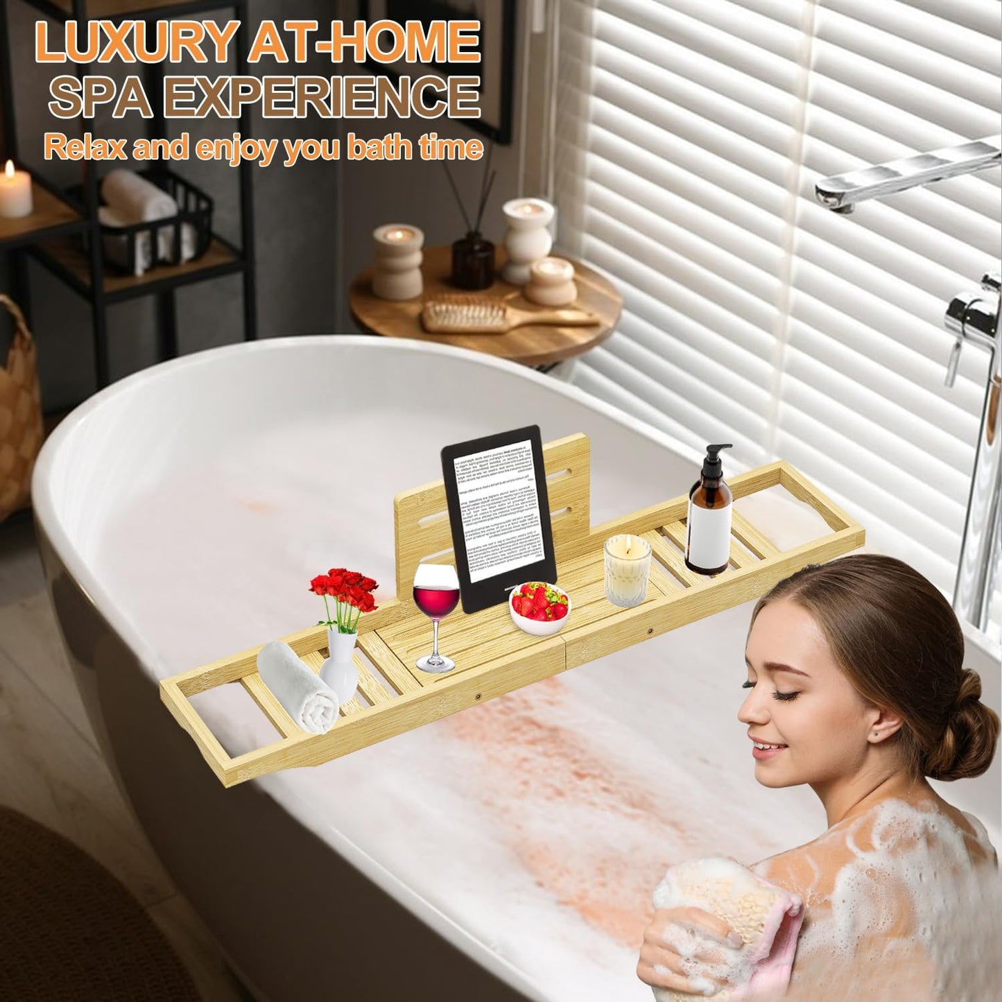 Bathtub Tray Caddy - Bath Tray - Bath Tub Table Tray - Bamboo Bath Tray for Bathtub