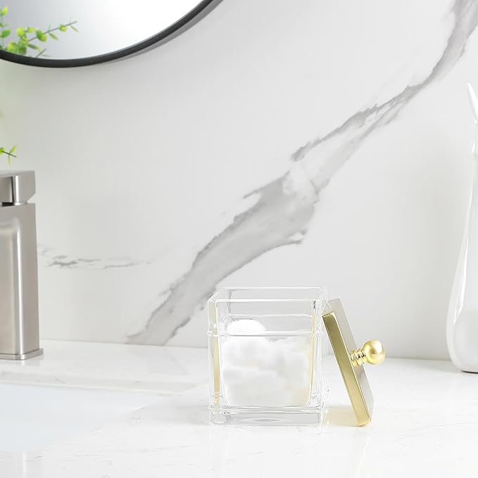 Clear Transparent Hotel Style Apothecary Tempered Glass Canister Jar W/ Gold Metal Lid Cover, Classic Countertop Organizer for Cotton balls/pads, Floss Picks, Makeup Storage