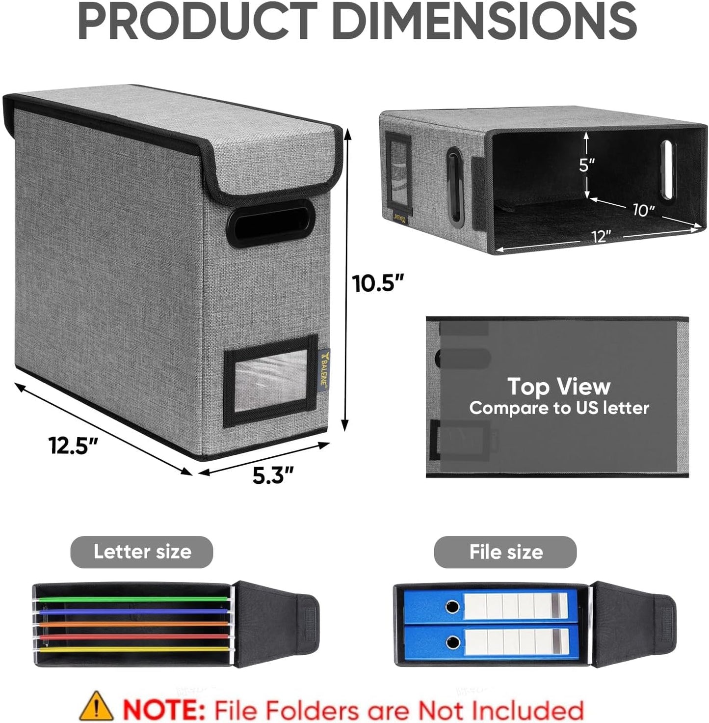 BALEINE File Organizer Box with Lid, Collapsible File Folder Organizer with Plastic Slide, Hanging File Folder Box for Office Document Storage (2 Pack, Grey, S)