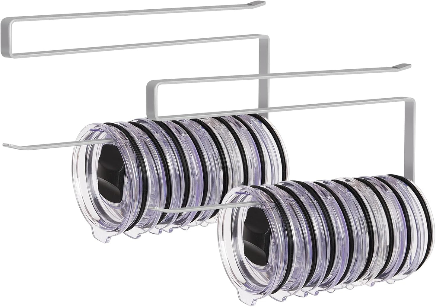 2 Pack Tumbler Lid Organizer, Horizontal Tumbler Lid Storage Hook to Hold Up 20 Lids, Space Saving Cup Lid Holders Under Cabinet Tumbler Lid Hook for Kitchen Organizer, Paper Towel Rack Hanger (Gray)
