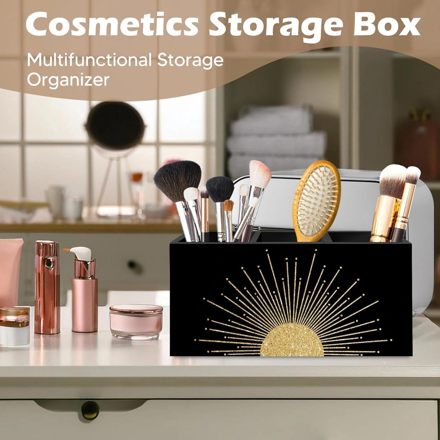 DILSJ Boho Abstract Golden Sunshine Pen Pencil Holder Organizer for Desk, Boho Office Decor, Mid Century Modern Minimalist Abstract Sunshine Wooden Box Signs for Home Office Desk Tabletop Decoration