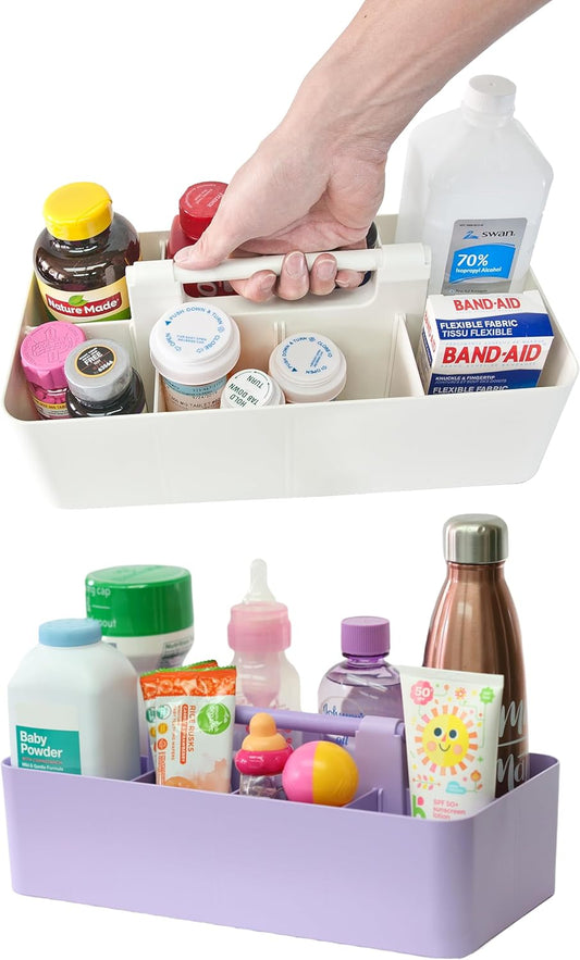 Portable Caddy Organizer -2 Stackable Plastic Caddy with Handle | Desk, Makeup, Dorm Caddy, Classroom Art Organizers (Made In Usa) (Ivory/Lavender)