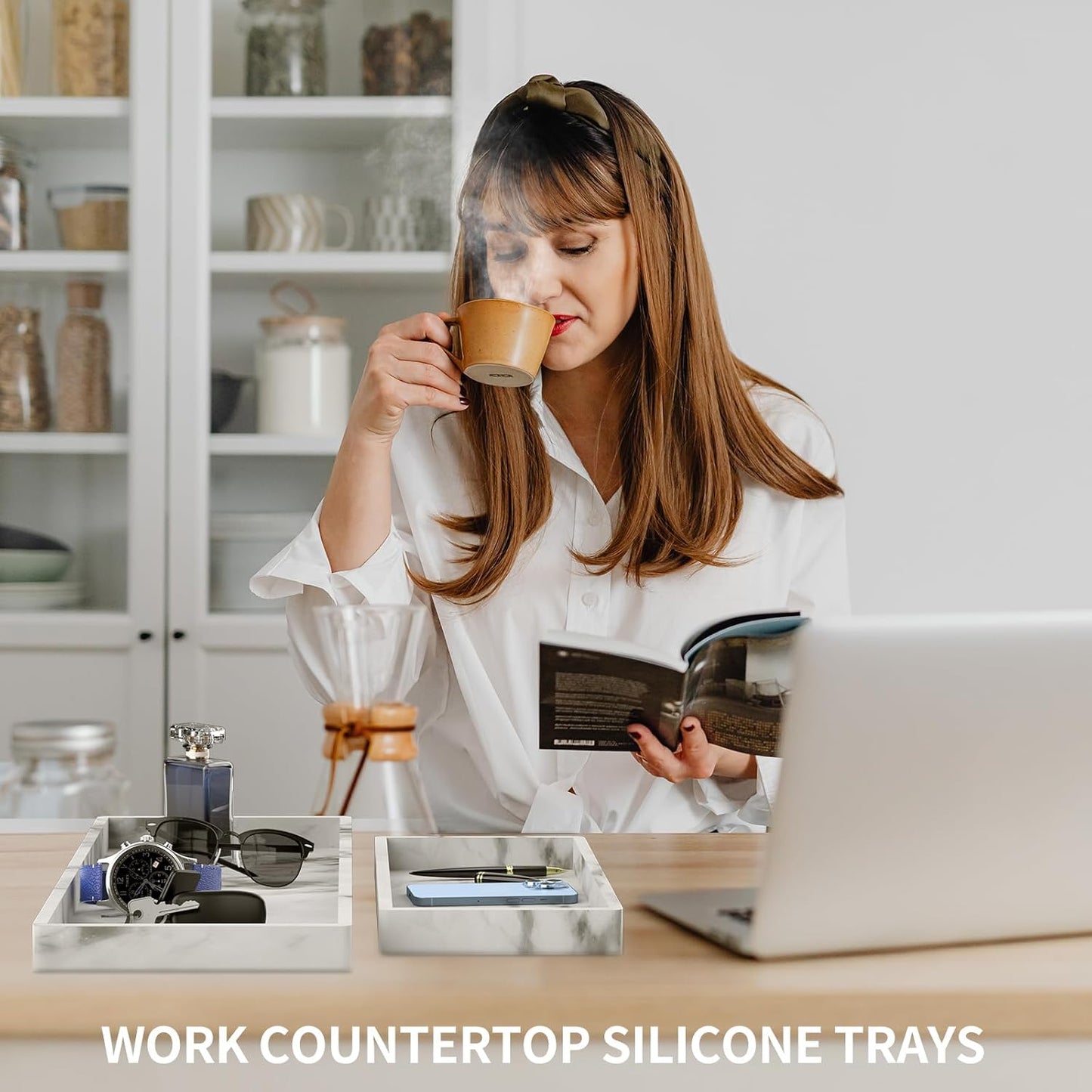 BBK Bathroom Vanity Tray - 2 Pack (7.8" and 11.8") Silicone Bathroom Trays for Counter, Perfume Key Trinket Ring Tray, Decor Soap Dispenser Countertop Tray for Kitchen Sink Organization (Marble Gray)