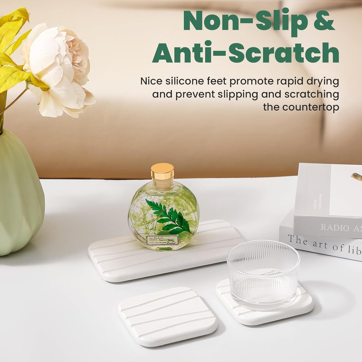 3PCS Water Absorbing Diatomaceous Earth Tray for Sink, Fast Drying Soap & Toothbrush Holders for Bathroom Counter, 1 Stone Tray, 2 Stone Coasters