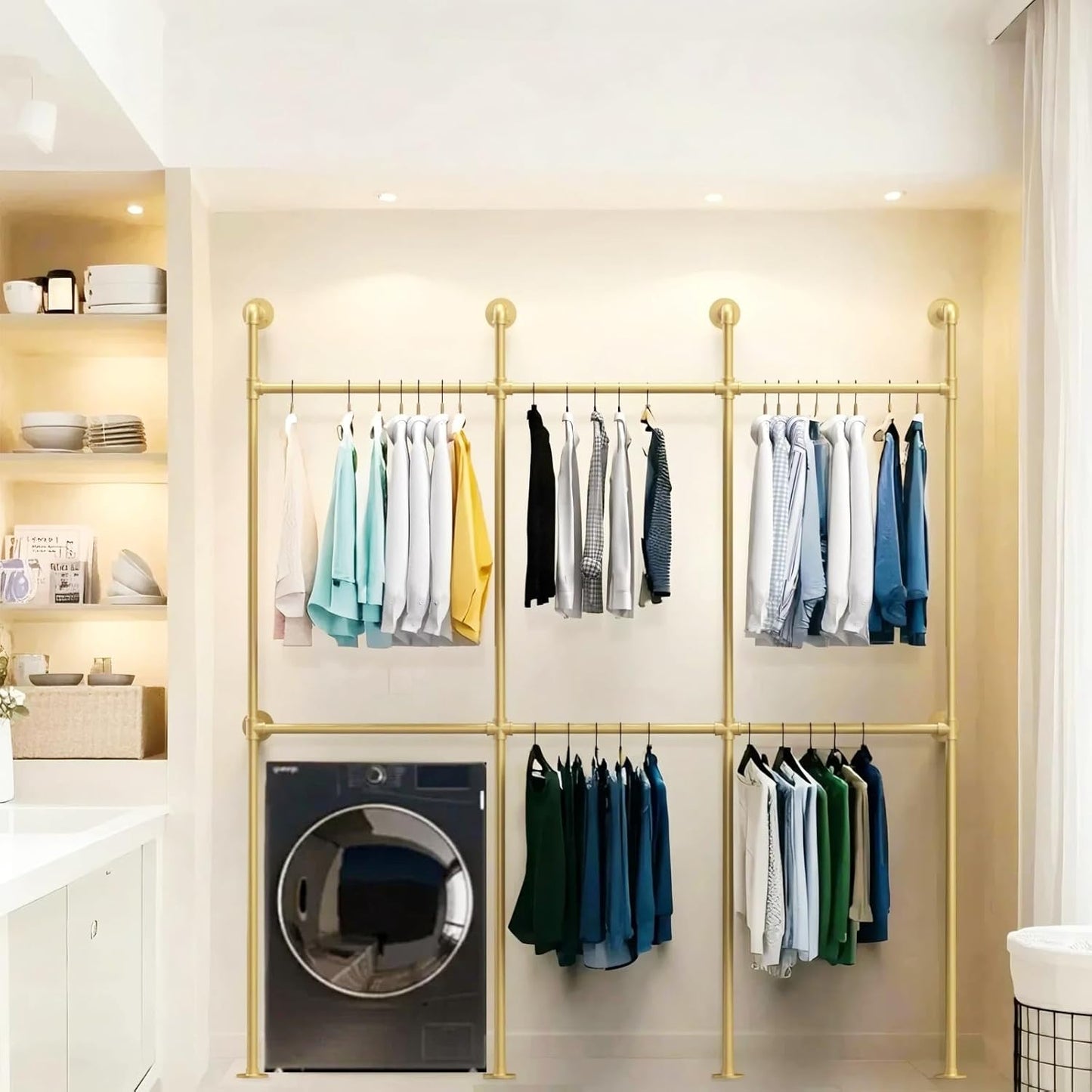 Industrial Pipe Gold Clothes Racks Wall Mounted, Rustic Gold Industrial Pipe Clothing Rack Design - Stylish & Heavy Duty Corner Garment Racks, Perfect for Home or Retail Display