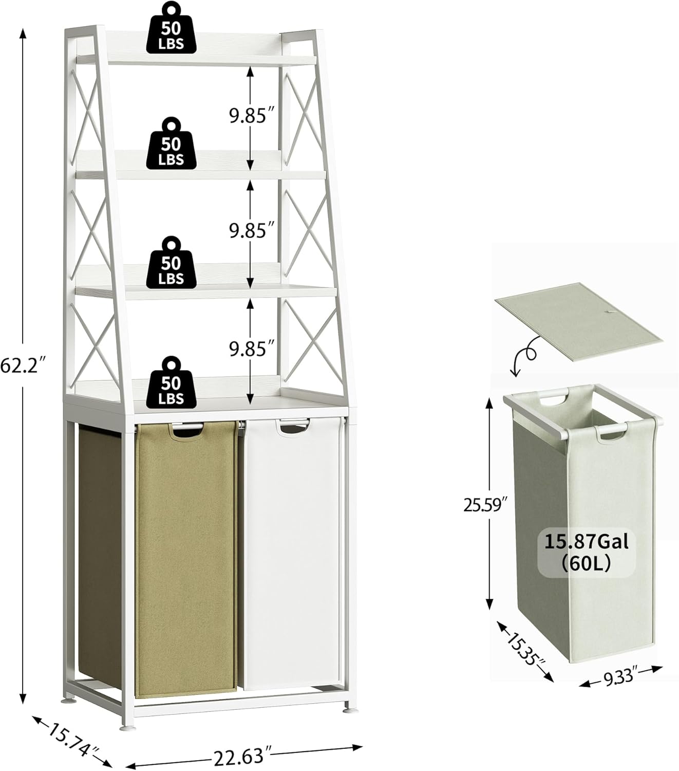 Laundry Basket, 2 Section Laundry Hamper with 4 Tiers Shelf, Pull-Out and Removable Laundry Bags, Large 2 x 15.87 Gallons, for Bedroom Bathroom White PF11XLE