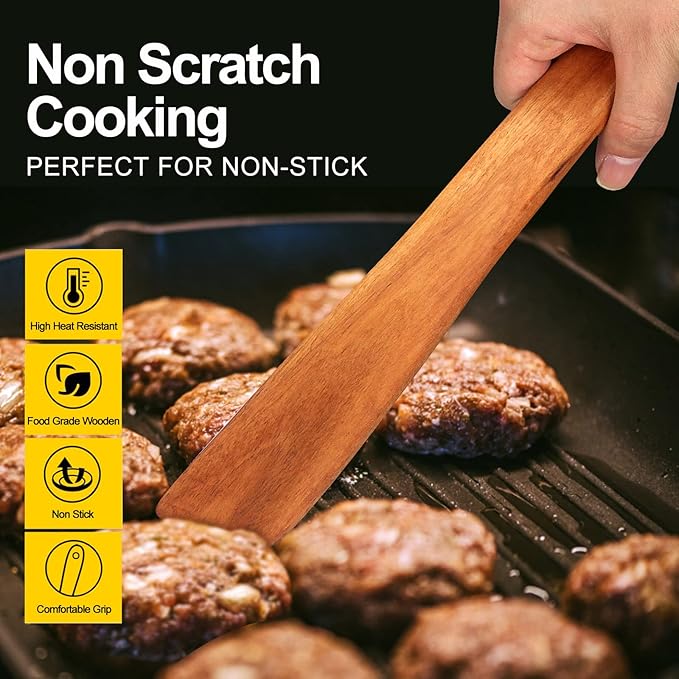 6 Pcs Best Flat Wood Spatula Set Teak Wooden Spoon for Cooking Utensils Slotted Turner Spatula Non Toxic Kitchen Utensil Set Scraper Spurtle Serving Turner Bamboo Cooking Spoons Egg Flipper Spatulas