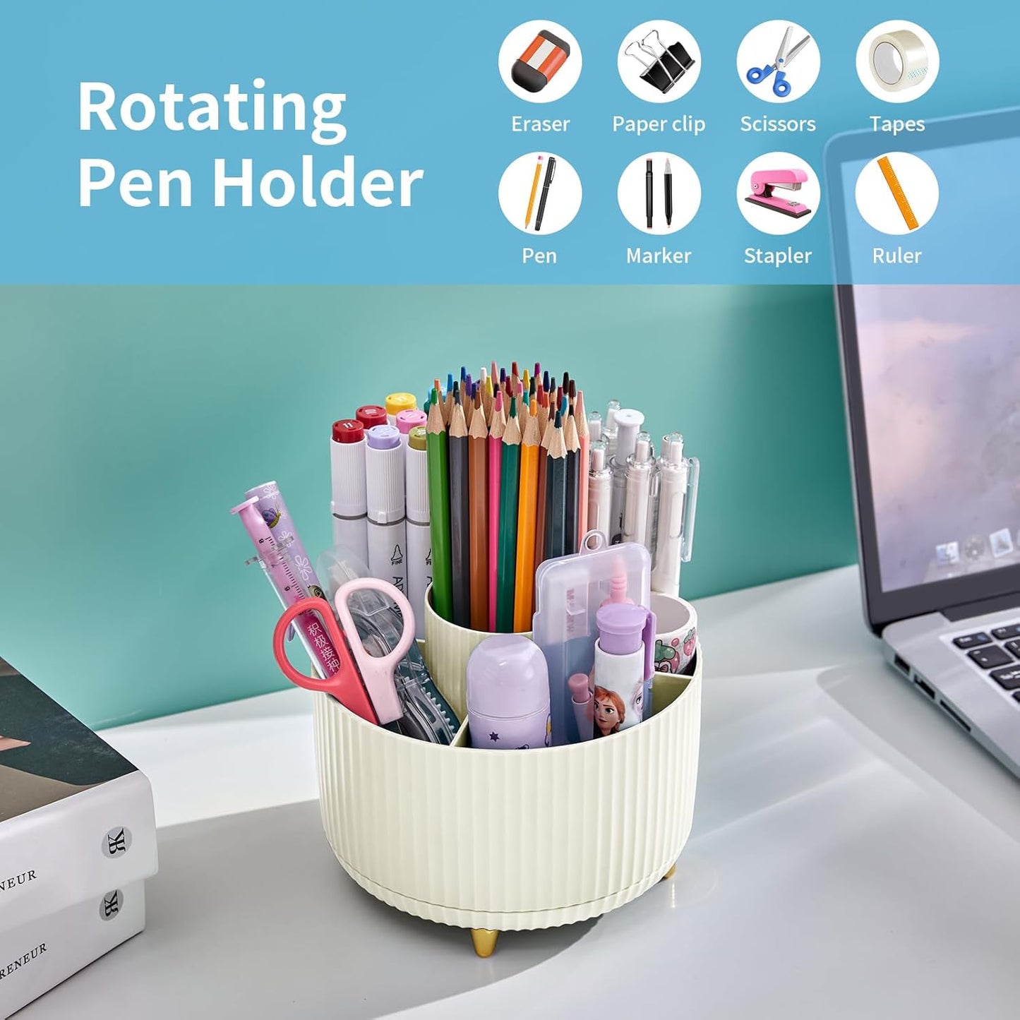 Marbrasse Desk Organizer, 360-Degree Rotating Pen Holder, 5-Compartment Pencil Organizer, Art Supply Storage Box Caddy for Office and Home (Ivory)