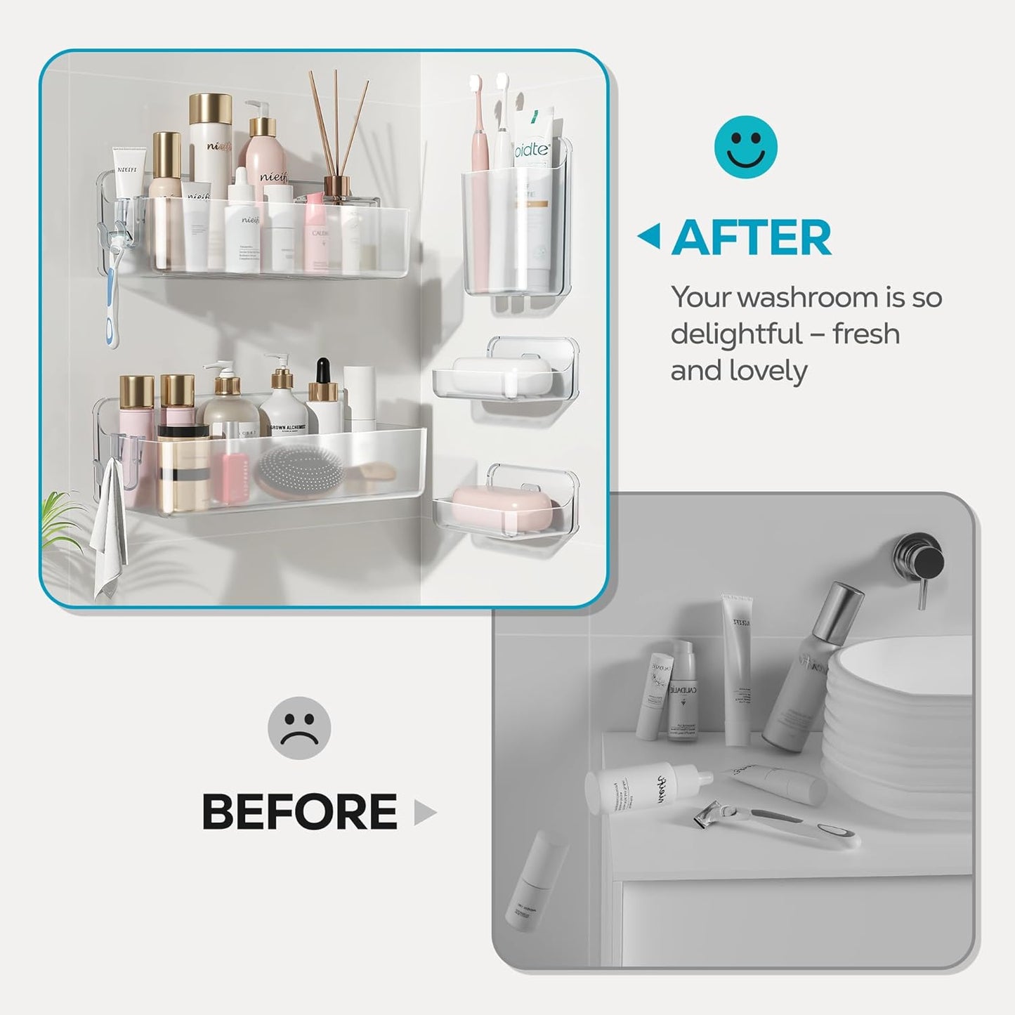 Nieifi Adhesive Wall Shelf, Shower Shelves 5 Pack with Soap Holder, Shower Organizer for Bathroom Organization, Clear