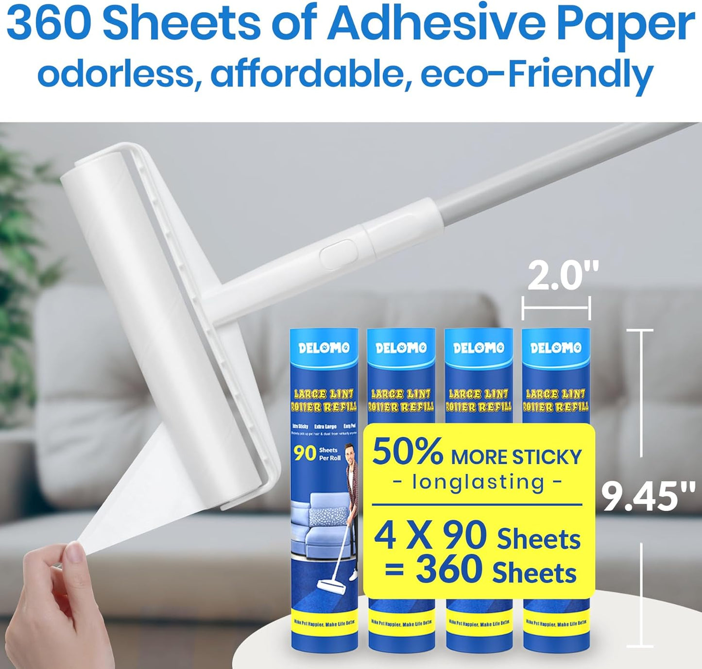 DELOMO Large Lint Roller for Floor & Carpet – 9.45" Extra Sticky Long Handle Roller with 360 Sheets, Easy-Peel Sticky Roller Mop for No-Bending Cleaning of Pet Hair on Couch, Furniture, Bed, Rug