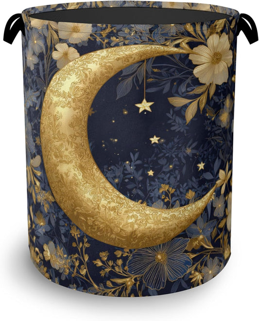 Golden Moon Laundry Basket,Flowers Foldable Oxford Cloth Tote Bag Laundry Hamper Clothes Storage Bucket Organizer for Bedroom Laundry Storage Dormitories 16" x 20.8"