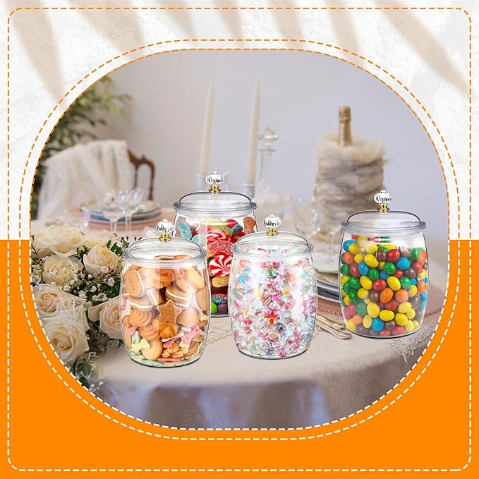 Nuogo 4 Pcs Plastic Candy and Cookie Jars with Lids Clear Cookie Container Candy Jars Large Airtight Apothecary Storage Organization for Wedding Home Kitchen Bar(42 oz)