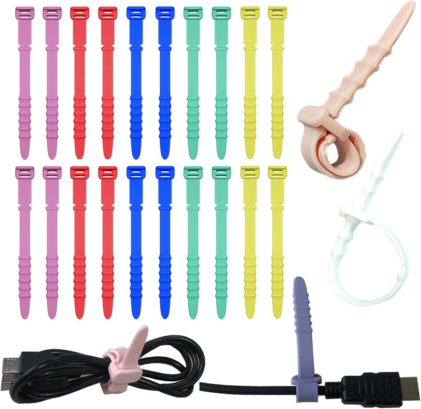 Silicone Zip Ties, Reusable Zip Ties, 20pcs Rubber Cable Ties Straps for Wire Management, Elastic Silicone Ties Cable Organizer for Home Office, 4.5" Multi Color Cord Ties