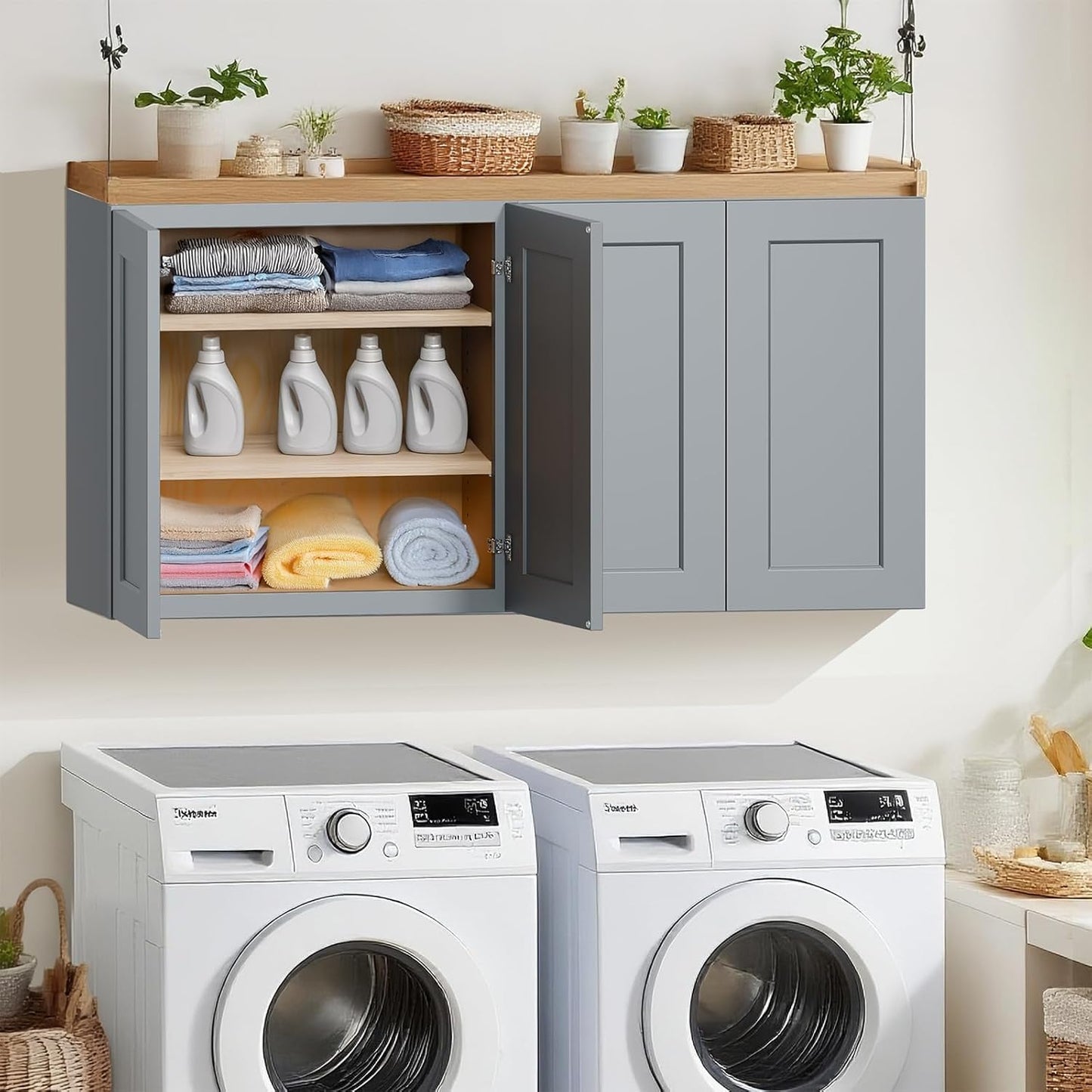 33 Inch Laundry Room Cabinets Wall Mounted, Solid Wood Over The Toilet Storage Cabinet, Bathroom Organizer Cabinets with 2 Door & Shelves, Easy to Assemble for Kitchen, Garage - Light Gray
