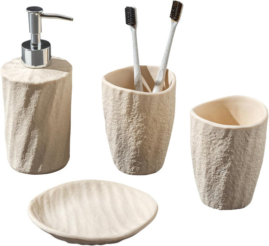 Bathroom Accessories Set, 4 PCS Modern Stone Look Bathroom Accessory Set with Hand Soap Dispenser 11.5 OZ, Tumblers, Toothbrush Holder, Bar Soap Dish Holder Saver (Yellow)