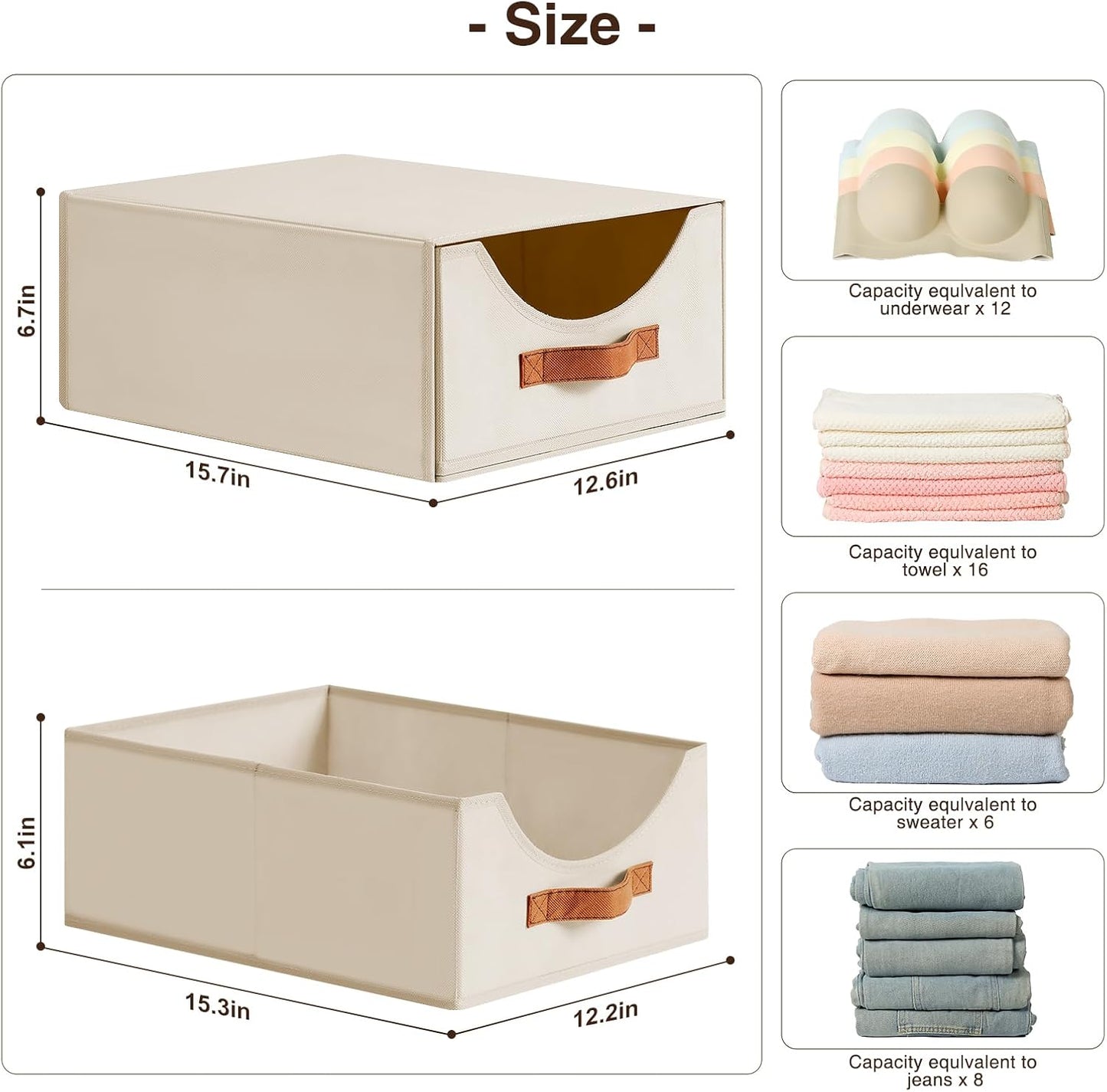 Large Closet Organizers and Storage - Stackable Storage Bins with Drawer, Fabric Containers for Organizing, Collapsible Organizer Bins for Bedroom, 6 Pack, Beige