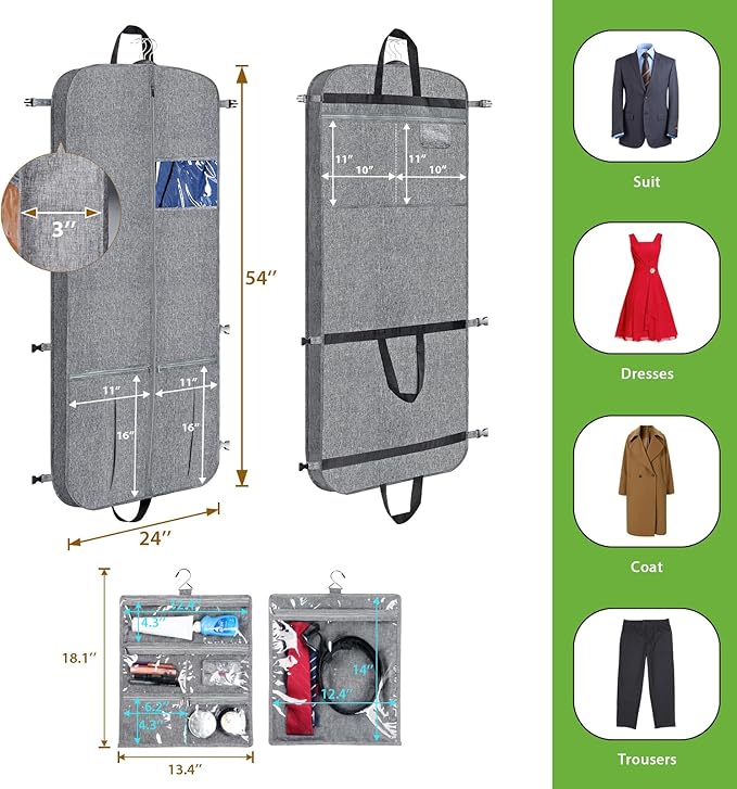 KEEGH 54" Garment Bags for Travel Tri-fold Garment Bag for Dresses Long Waterproof Suit Bags for Men Hanging Clothes for Suit Coats Tuxedos Dresses with 4 Big Pockets & Accessory Pouch, Black